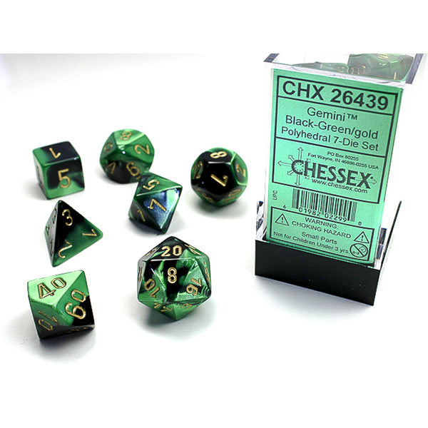 Chessex: CHX 26439 Dice - Gemini Black-Green / Gold, 7 Dice Set