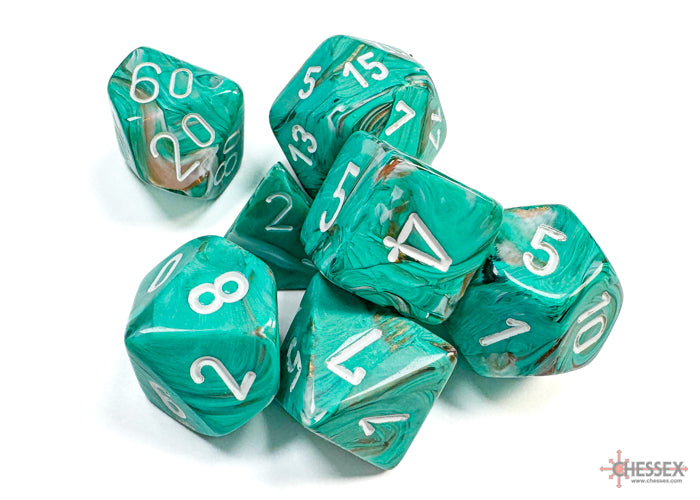 Chessex: CHX27403 Dice - Marble Oxi-Copper/white Polyhedral, 7-Dice Set