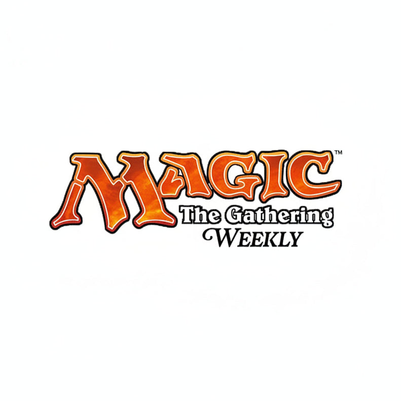 Logo for 'Magic: The Gathering Weekly' with stylized text and orange border.