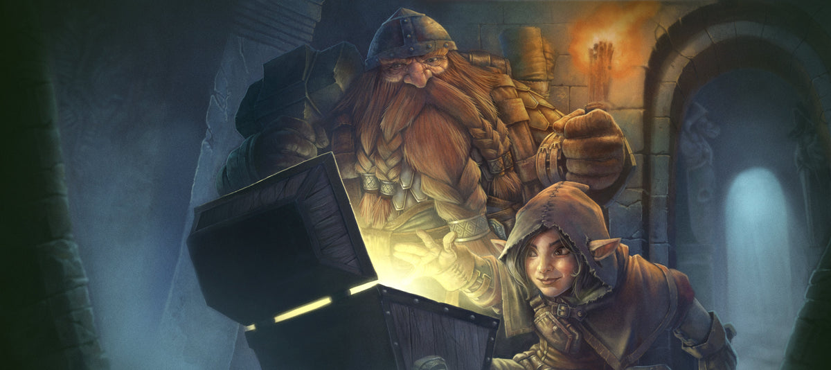 Two dwarves in a stone chamber with a glowing lantern