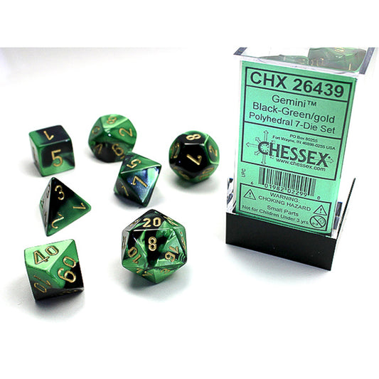Chessex: CHX 26439 Dice - Gemini Black-Green / Gold, 7 Dice Set