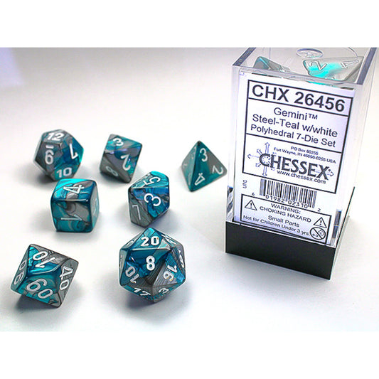 Chessex: CHX 26456 Dice - Gemini Steel-Teal / White, 7 Dice Set