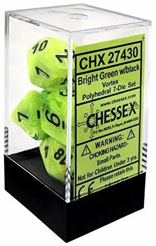 Chessex: CHX25402 Dice - Vortex Bright Green/Black, Polyhedral 7-Dice Set